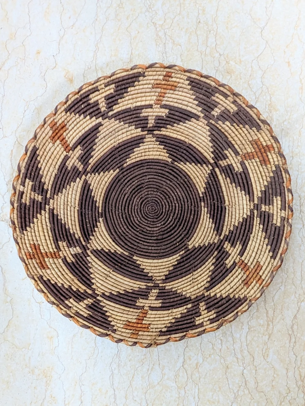Vintage Tohono O'odham Flat Hand Woven Round Basket Tray Mid Century